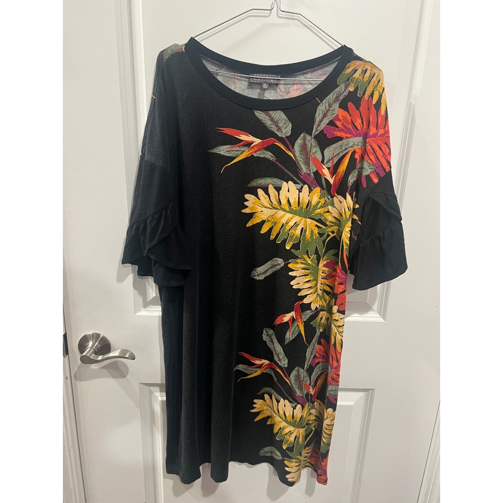 Luxology Womens T-Shirt Dress Tropical Floral Ruffle Sleeve Black XL